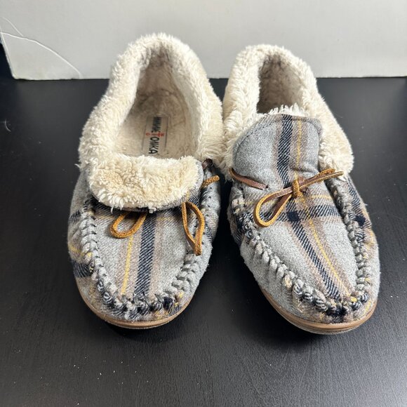 MINNETONKA Grey Plaid Sherpa Lined Slippers Size 8 - Picture 3 of 12